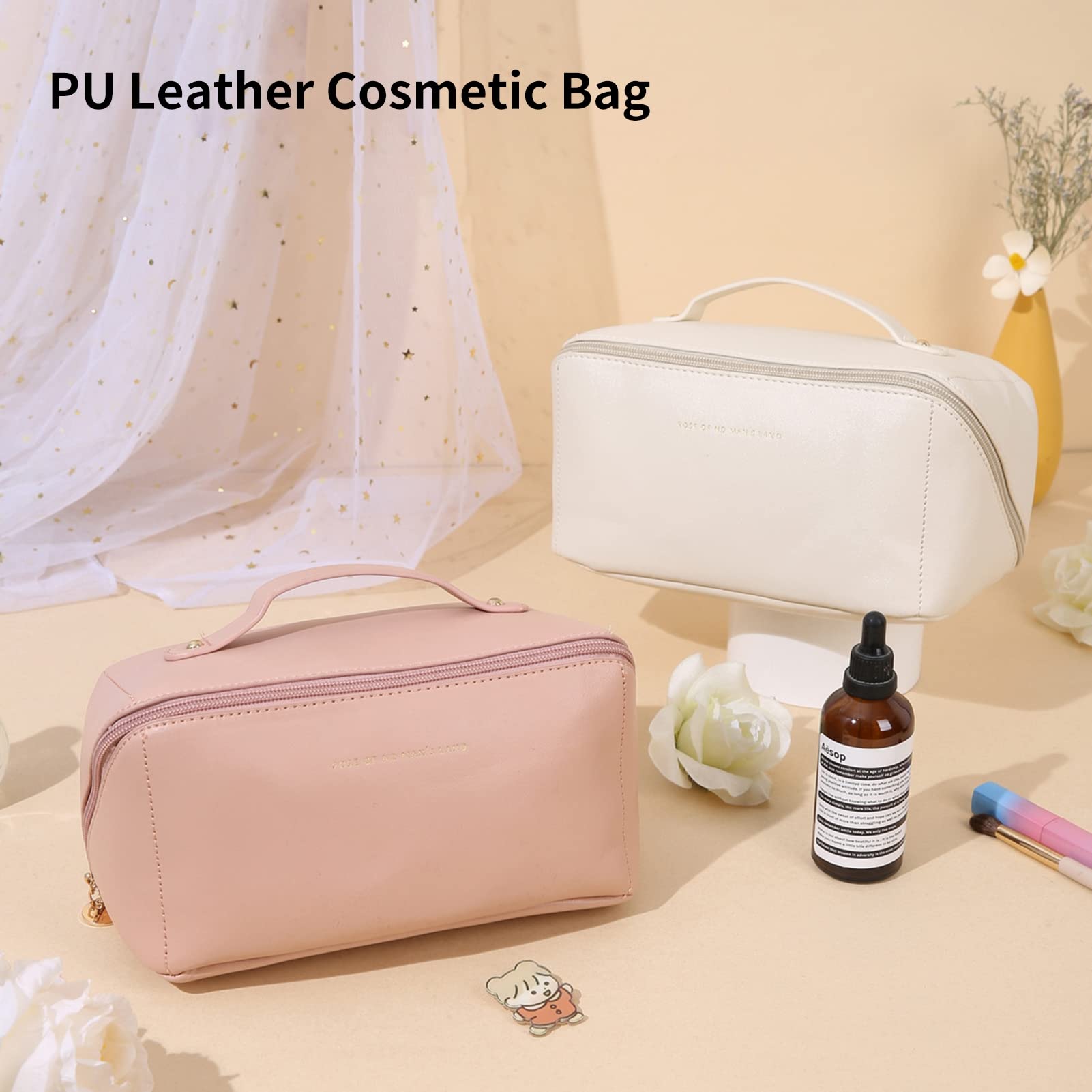 Large Capacity Travel Cosmetic Bag for Women - Portable Makeup Organizer with Handle & Divider, Pink Toiletry Pouch for Girls | Perfect for Vacation, Gym, Business Trips & Daily Essentials Storage