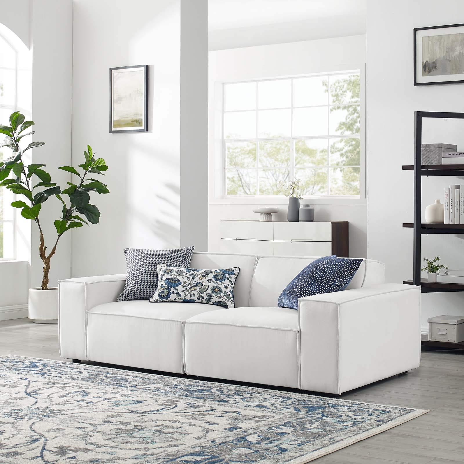 Modway EEI-4111-WHI 2-Piece White Sectional Sofa Set - Modern L-Shaped Couch for Living Room, Apartment & Small Spaces - Comfortable Fabric Sleeper Sofa with Reversible Chaise
