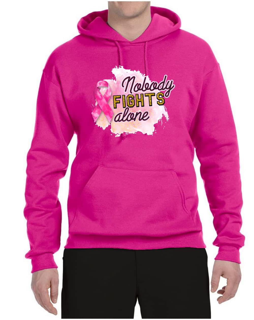 Wild Bobby 'Nobody Fights Alone' Watercolor Sparkles Breast Cancer Awareness Unisex Graphic Hoodie - Comfortable Pullover Sweatshirt for Cancer Support, Fundraising Events & Everyday Wear
