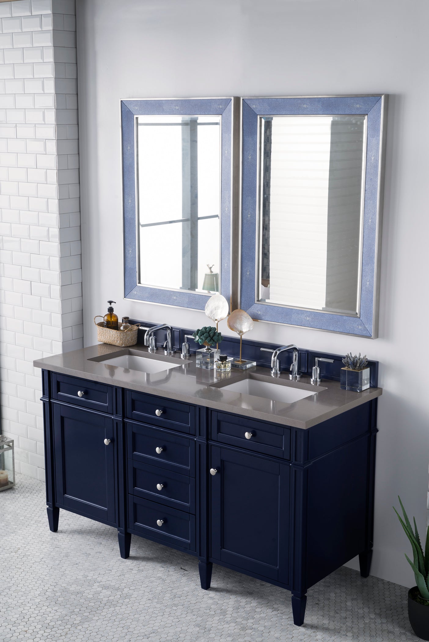 Brittany 60 Inch Victory Blue Double Bathroom Vanity with 3CM Grey Expo Quartz Countertop - Perfect for Master Bathroom Renovation & Modern Home Decor