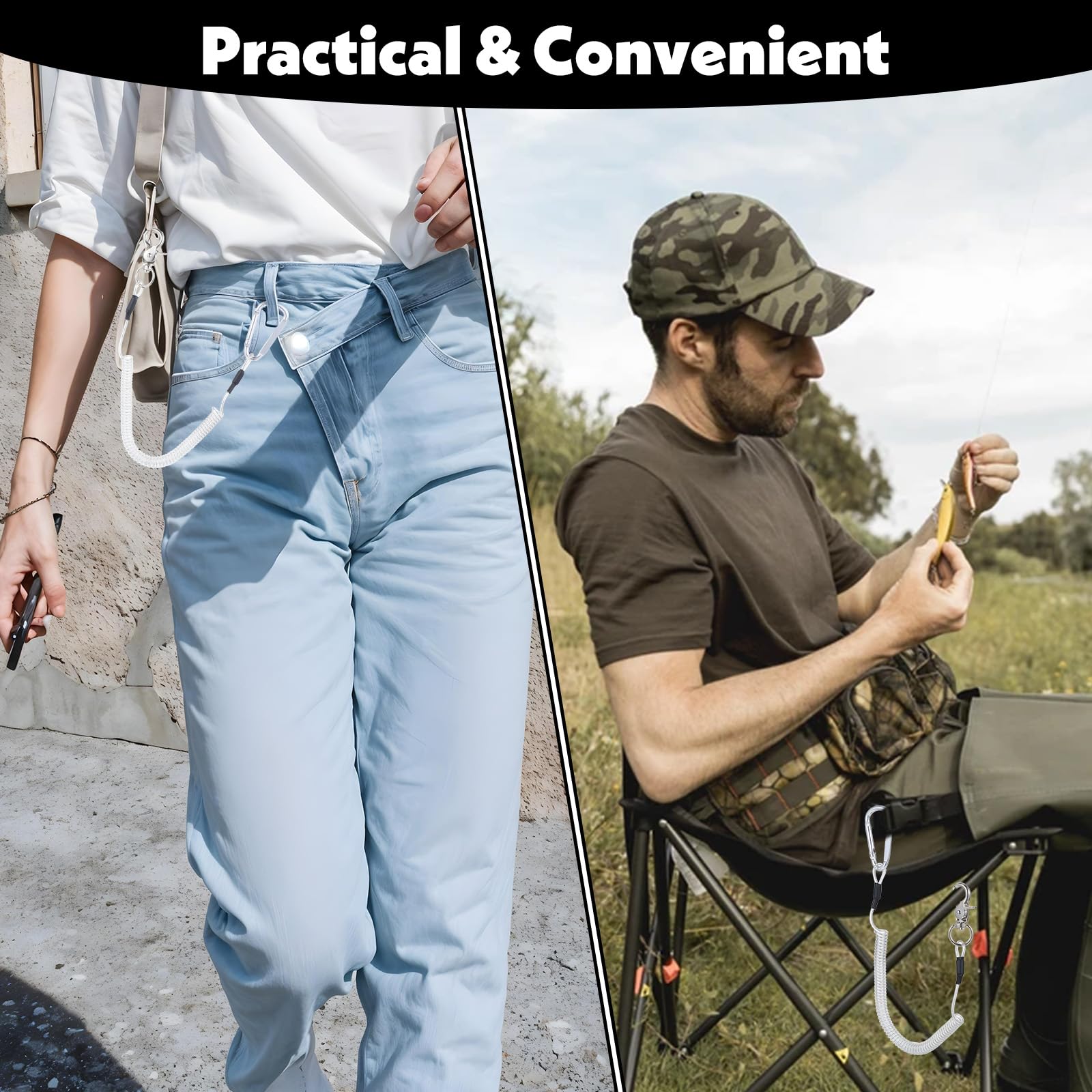 Heavy Duty Fishing Lanyard with Carabiner - 4Pcs Stretchy Coiled Keychain for Fishing Rod & Tools (Black/Transparent) - Perfect for Anglers & Handymen