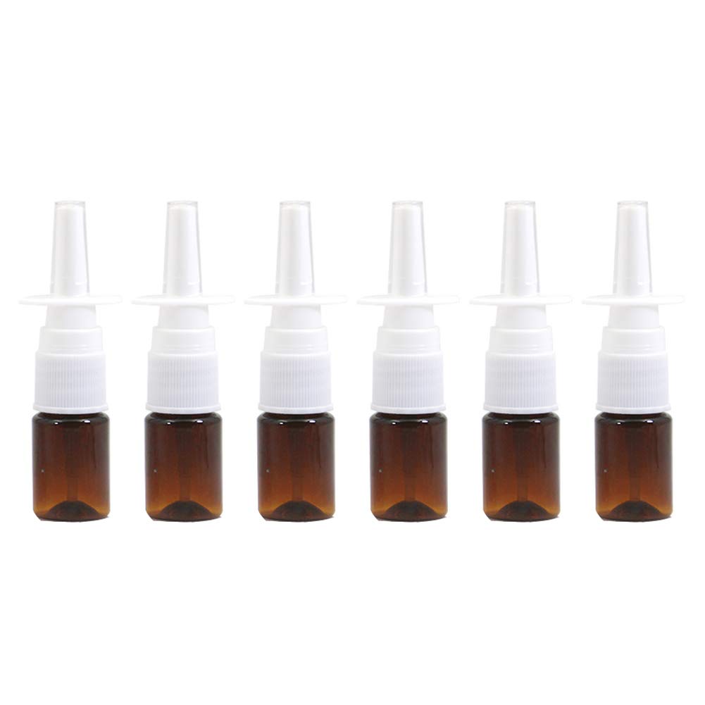 6 Pack 5ml Empty Refillable Plastic Nasal Spray Bottles with Pump - Brown | Essential Oil, Saline Solution & Medication Dispenser for Travel, Home & Office Use