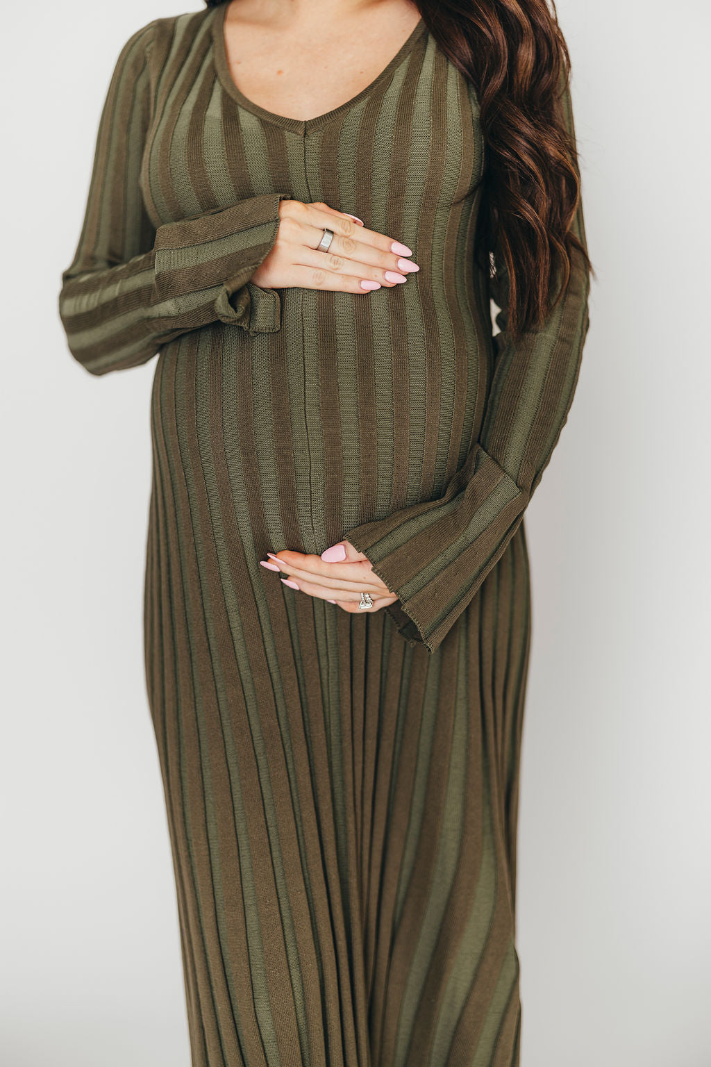 Hadley Long Sleeve V Neck Knit Maxi Dress in Olive - Bump Friendly Maternity Dress for Pregnancy, Nursing & Postpartum | Comfortable Stretchy Fabric for Casual Wear, Date Night & Special Occasions