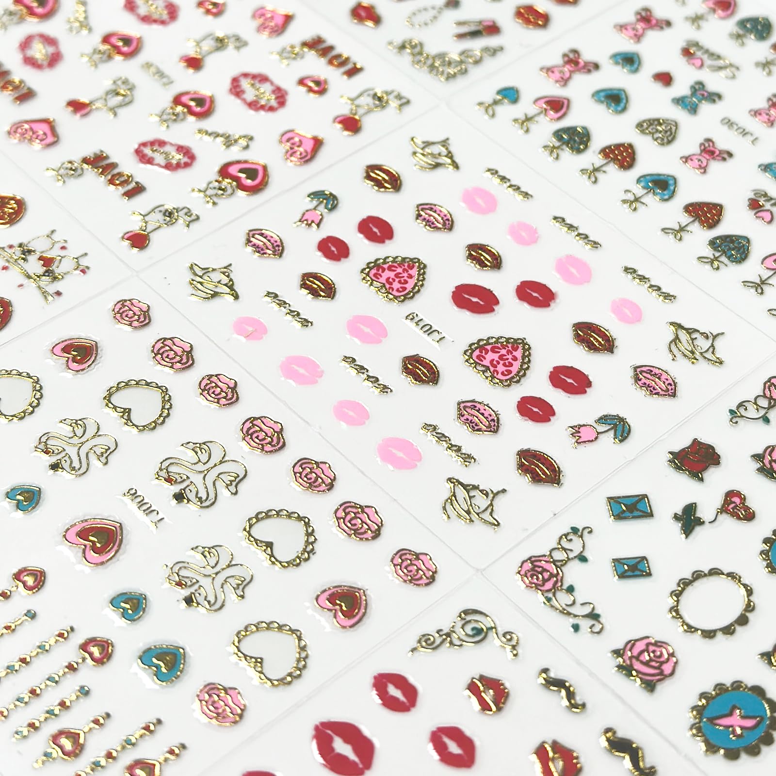 30 Sheets Valentine's Day Nail Art Stickers - 3D Self-Adhesive Red Heart & Rose Lip Kiss Nail Decals for DIY Acrylic Nails - Perfect for Women, Girls, Parties, Date Nights & Special Occasions