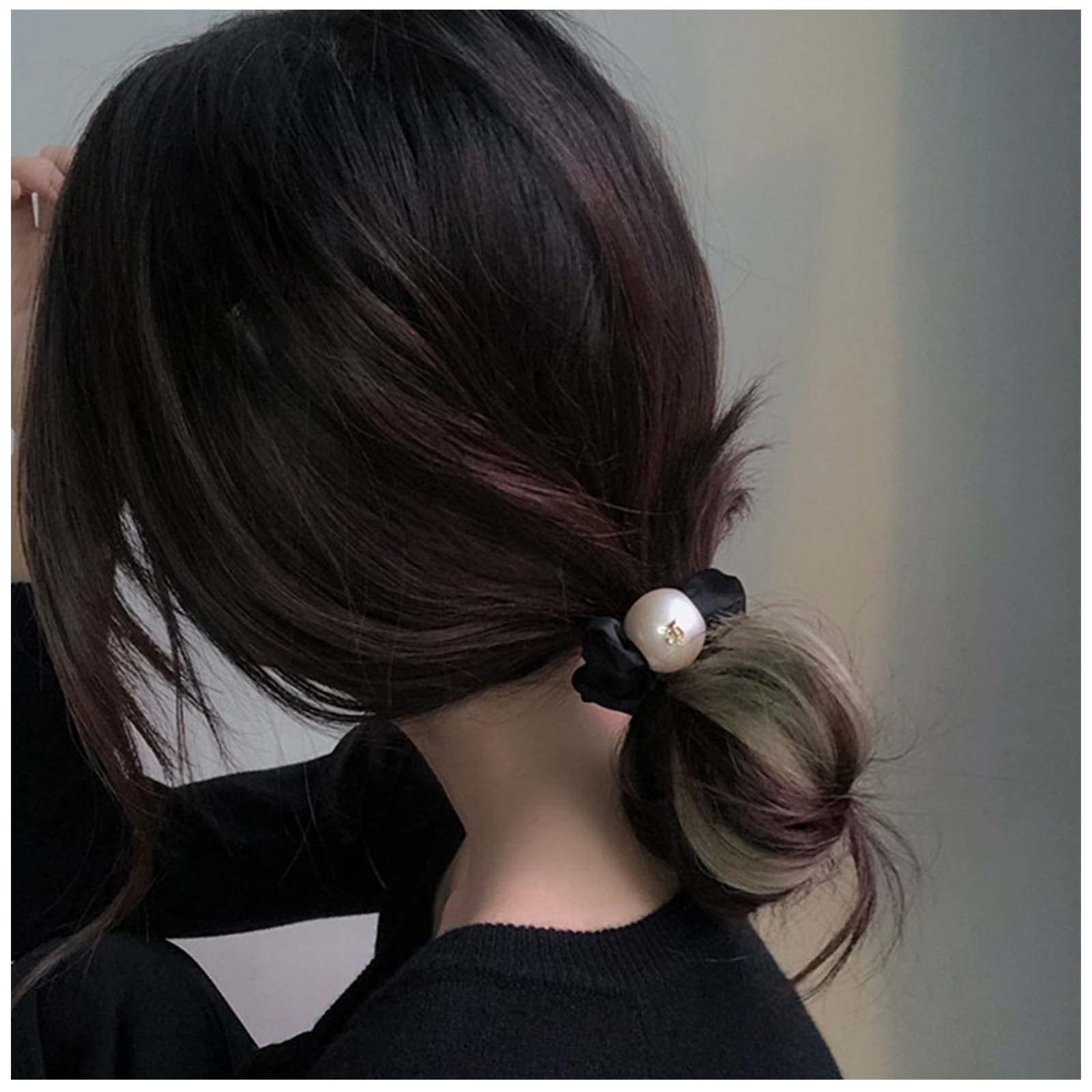 Allereya Elastic Hair Rope Scrunchies with Large Pearl - Black Satin Hair Tie Ponytail Holder for Women & Girls | French Hair Rope Accessories | Perfect for Weddings, Parties & Everyday Use