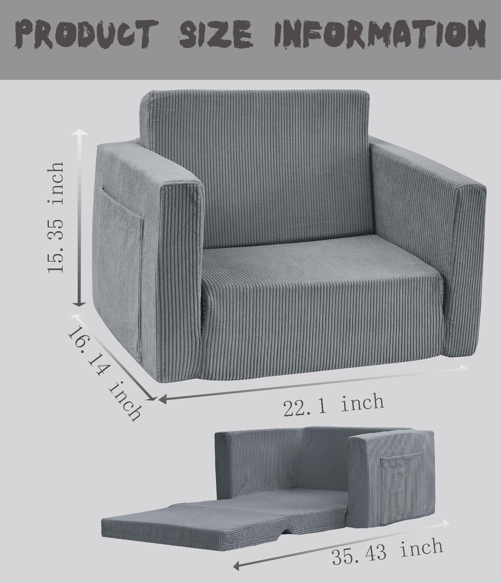 Kids Folding Sofa Chair - Foam Filled Toddler Lounge Chair with Soft Corduroy Cover - Comfortable Bean Bag Couch for Boys & Girls (Dark Grey, Ages 1-3) - Perfect for Playrooms, Bedrooms & Reading Nooks