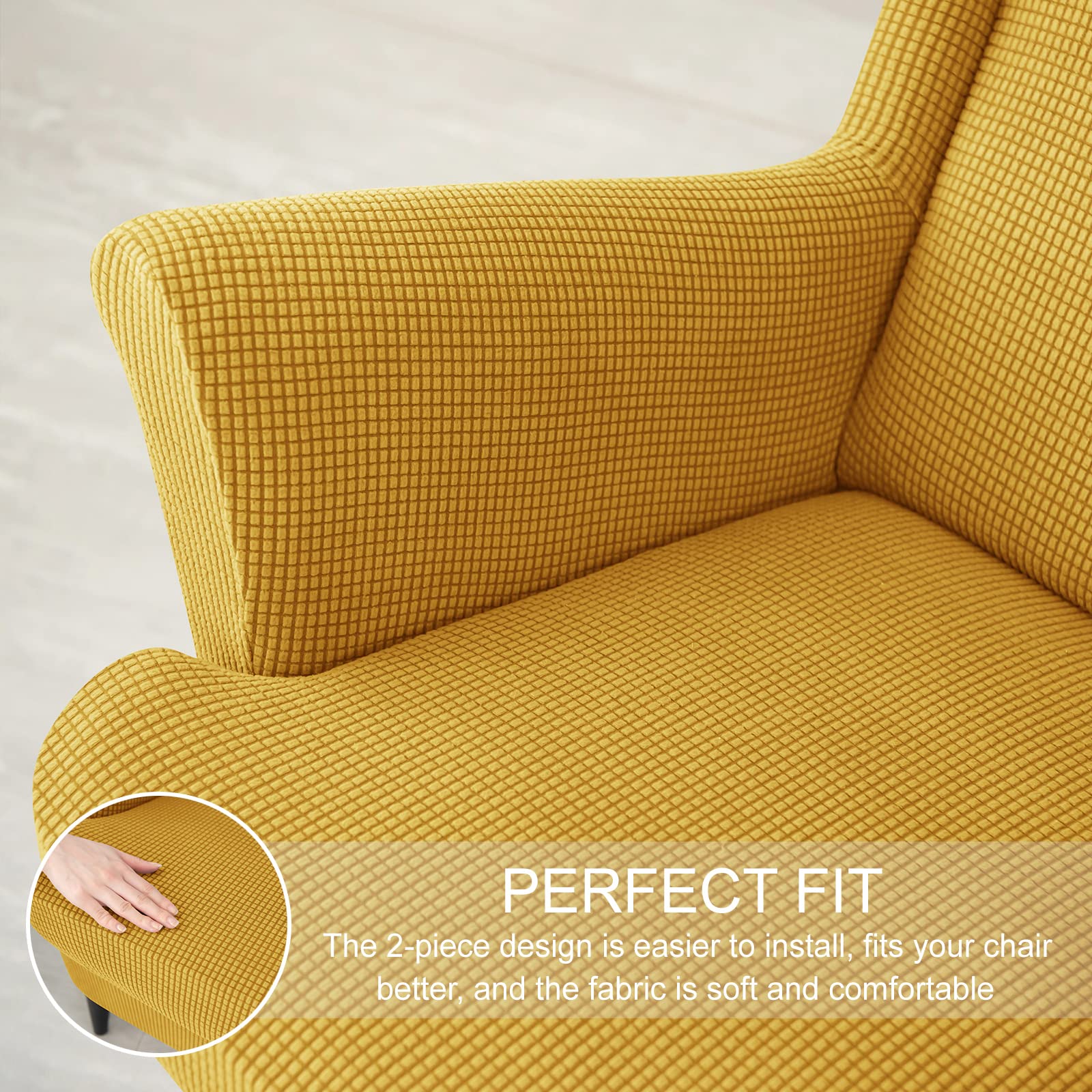 Stretch Wing Chair Slipcover 2-Piece Set - Plaid Wingback Chair Cover with Spandex & Non-Slip Design for Living Room Furniture - Yellow - Perfect for Home Decor, Sofa Protection & Easy Cleaning