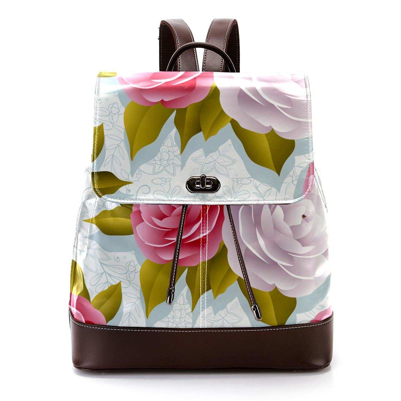 Stylish PU Leather Backpack for Men & Women - Lightweight Travel Backpack, School Daypack with Camellia Flower Design - Perfect for College, Commuting & Weekend Getaways