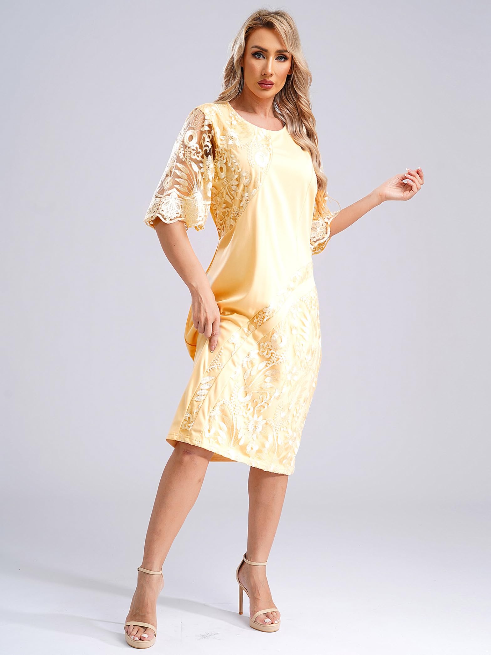 Elegant Women's Bodycon Wedding Guest Dress - Short Sleeve Lace Patchwork Formal Midi Cocktail Dress for Parties, Bridal Showers & Special Occasions
