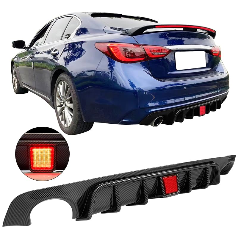IKON MOTORSPORTS Rear Diffuser for 2018-2024 Infiniti Q50 - Carbon Fiber Style PP Rear Bumper Lip Spoiler with LED Brake Light | Enhances Aerodynamics & Sporty Look for Street Racing & Car Shows