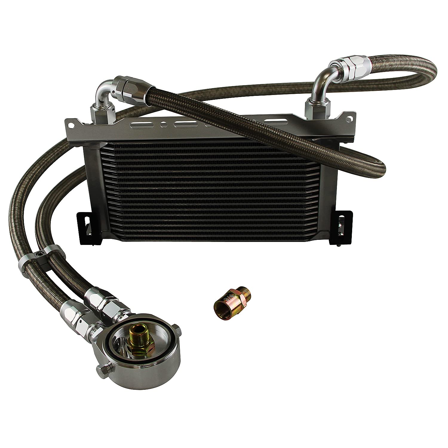 Universal AN10 19-Row Aluminum Engine Transmission Oil Cooler Kit with Bracket & Adapter Hose (34X16 & M20X1.5) - Silver - Perfect for Racing, Off-Road & High-Performance Vehicles