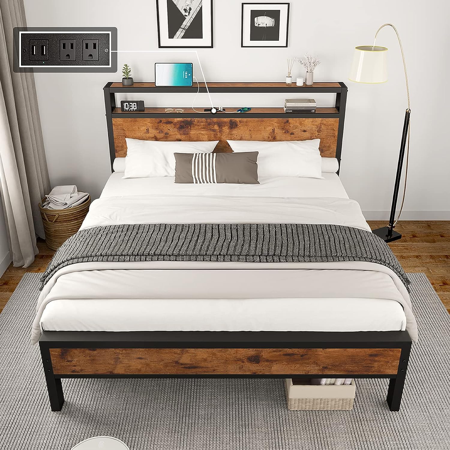 AMERLIFE Queen Size Bed Frame - Industrial Platform Bed with Charging Station & 2-Tier Storage Headboard, No Box Spring Needed, Noise-Free, Dark Brown - Perfect for Modern Bedrooms, Small Spaces & Apartment Living
