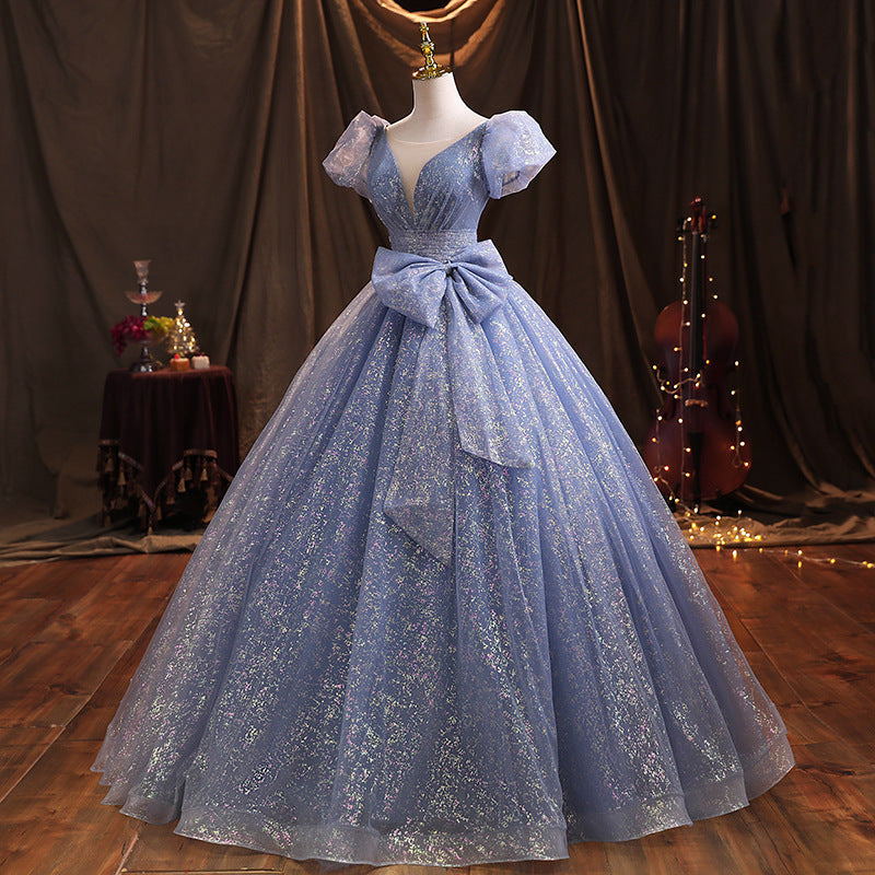 Elegant Blue Birthday Party Gown with Bow Tie - Long Formal Prom Dress for Women - Perfect for Special Occasions, Evening Events & Homecoming Dances