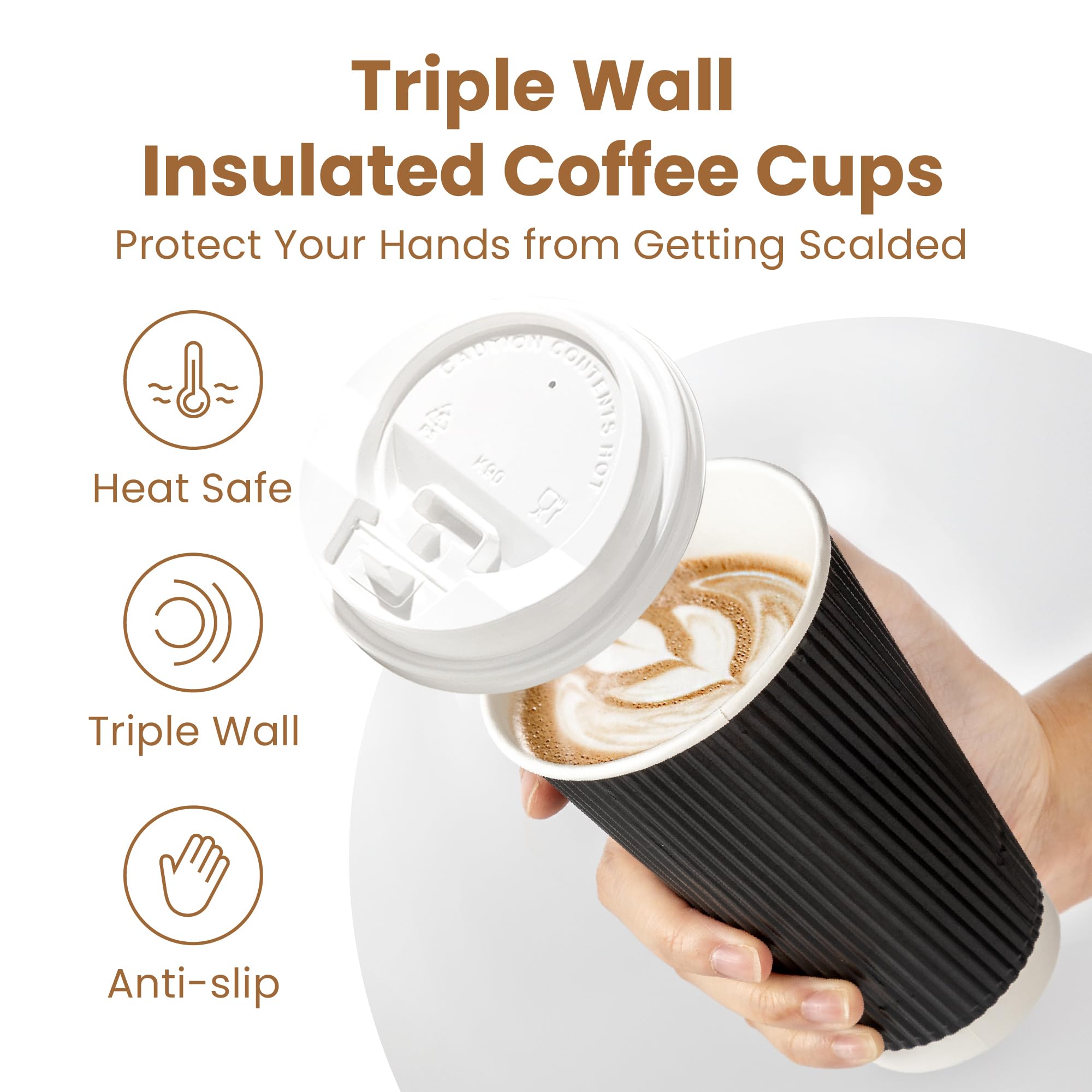 50 Pack 16oz Black Disposable Coffee Cups with Lids & Stirrers - Triple Wall Insulated Hot Beverage Travel Cups for Coffee, Tea, Hot Chocolate - Perfect for Office, Home, Commuting & Cafes (White Lids) - Eco-Friendly Corrugated Paper To-Go Cups