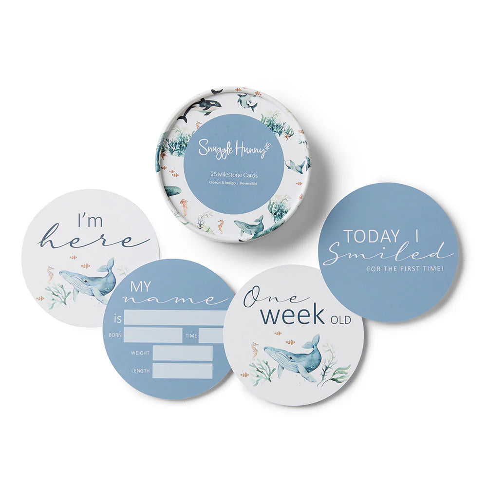 Snuggle Hunny Reversible Milestone Baby Cards - Ocean & Indigo Colors for Newborn Photo Shoots and Monthly Growth Tracking