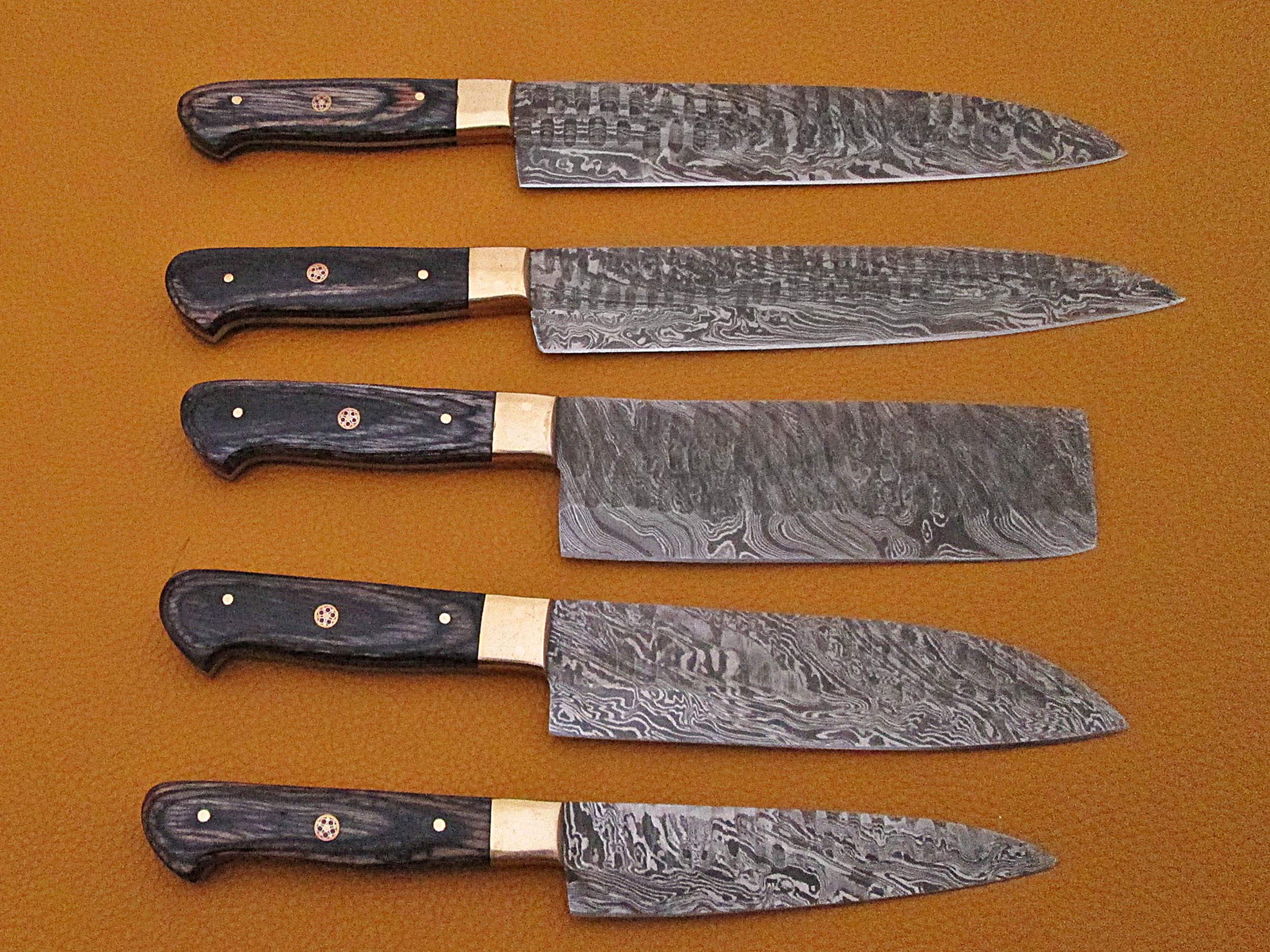Premium 5-Piece Damascus Steel Kitchen Knife Set - Hand Forged Hammered Blades with 2-Tone Wood Handle - 54-Inch Razor Sharp Knives - Includes Black Goat Suede Leather Sheath - Perfect for Professional Chefs & Home Cooking Enthusiasts