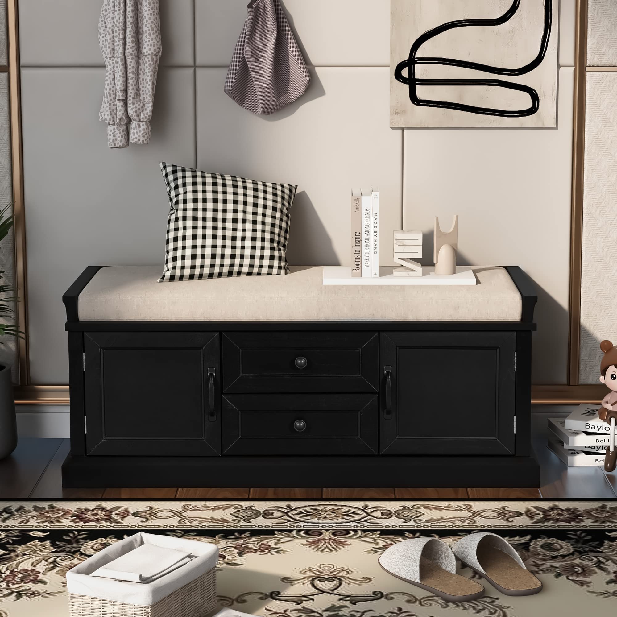 Danxee Wooden Shoe Storage Bench with Cushion - 2 Drawers & Cabinets for Entryway (Black) - Perfect for Hallway Organization
