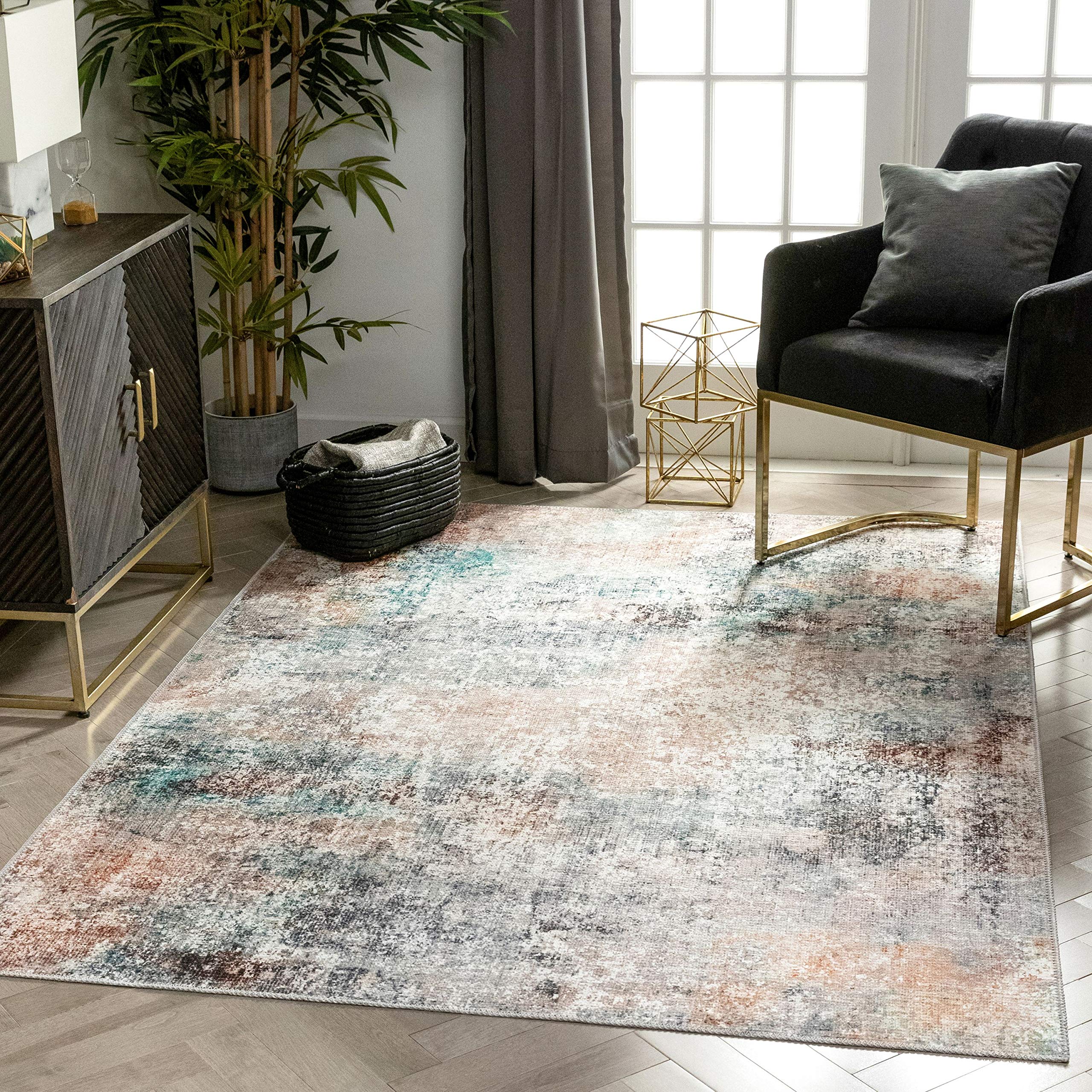 Well Woven Lotus Amesti Machine Washable Abstract Light Blue Flat-Weave Distressed Area Rug 5'3