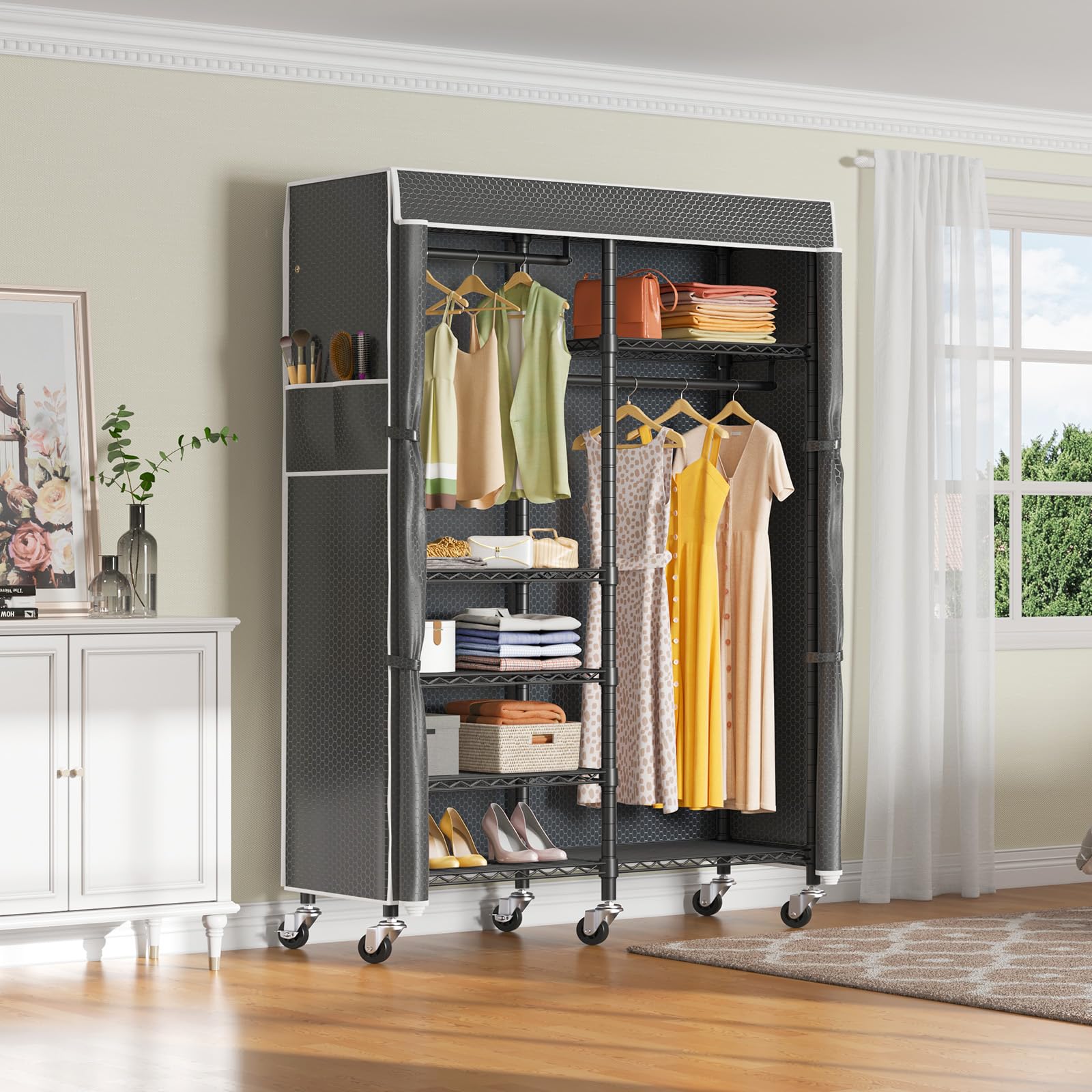 VIPEK R4C Heavy Duty Portable Closet Rolling Clothes Rack - Adjustable Metal Garment Rack with Lockable Wheels & Black Polyester Cover (620lbs Capacity) - Perfect for Home Storage, Closet Organization, Laundry Room, and Commercial Use