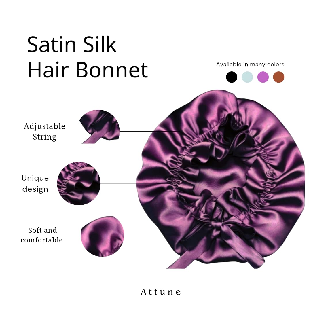 Attune Satin Silk Bonnet for Hair with 4 Premium Scrunchies - Adjustable Silk Sleep Cap for Curly & Natural Hair - Mulberry Drawstring Satin Hair Bonnet - Perfect for Nighttime Hair Protection & Travel
