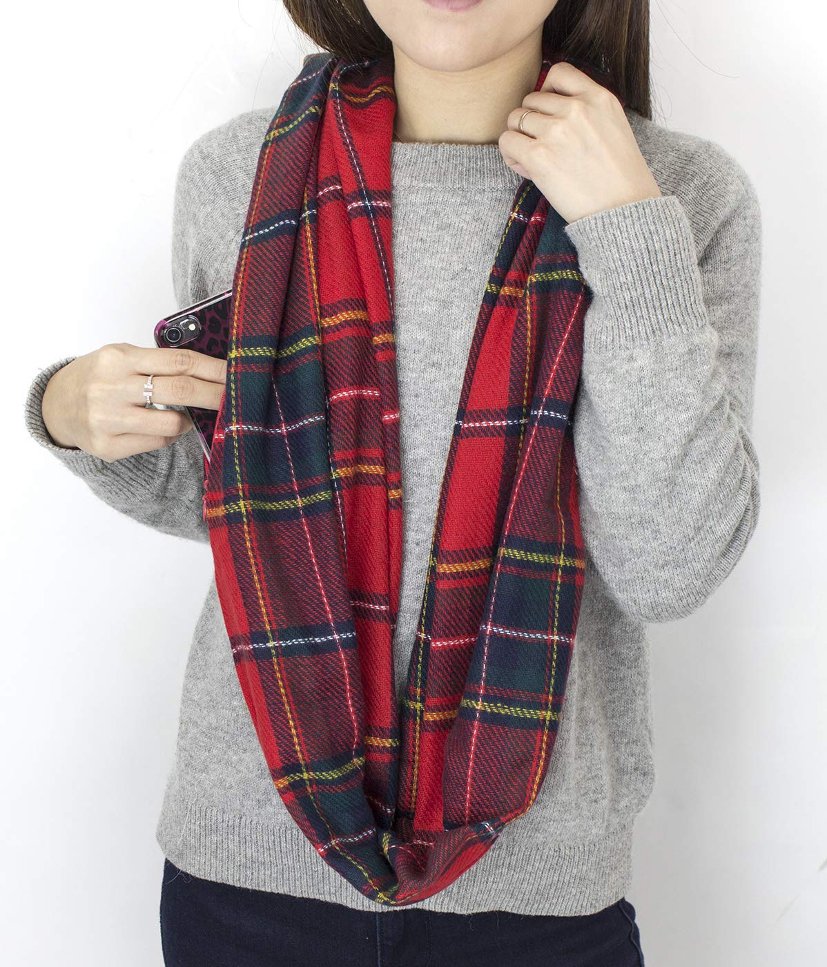 Stylish Winter Plaid Infinity Scarf with Hidden Zipper Pocket - Warm Fashion Travel Scarf for Women & Men - Perfect for Cold Weather, Outdoor Activities & Gift Giving