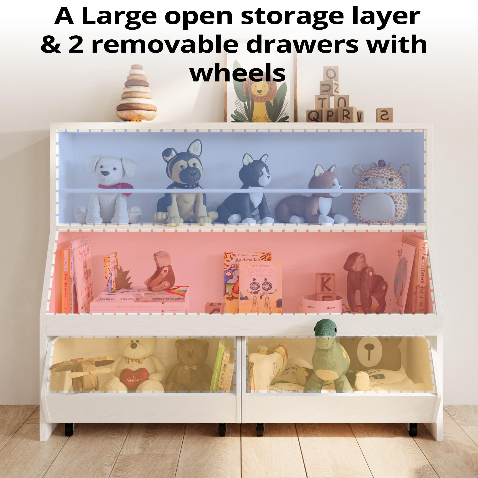 IRONCK Kids Bookshelf with Drawers - Toy Storage Organizer for Nursery & Playroom