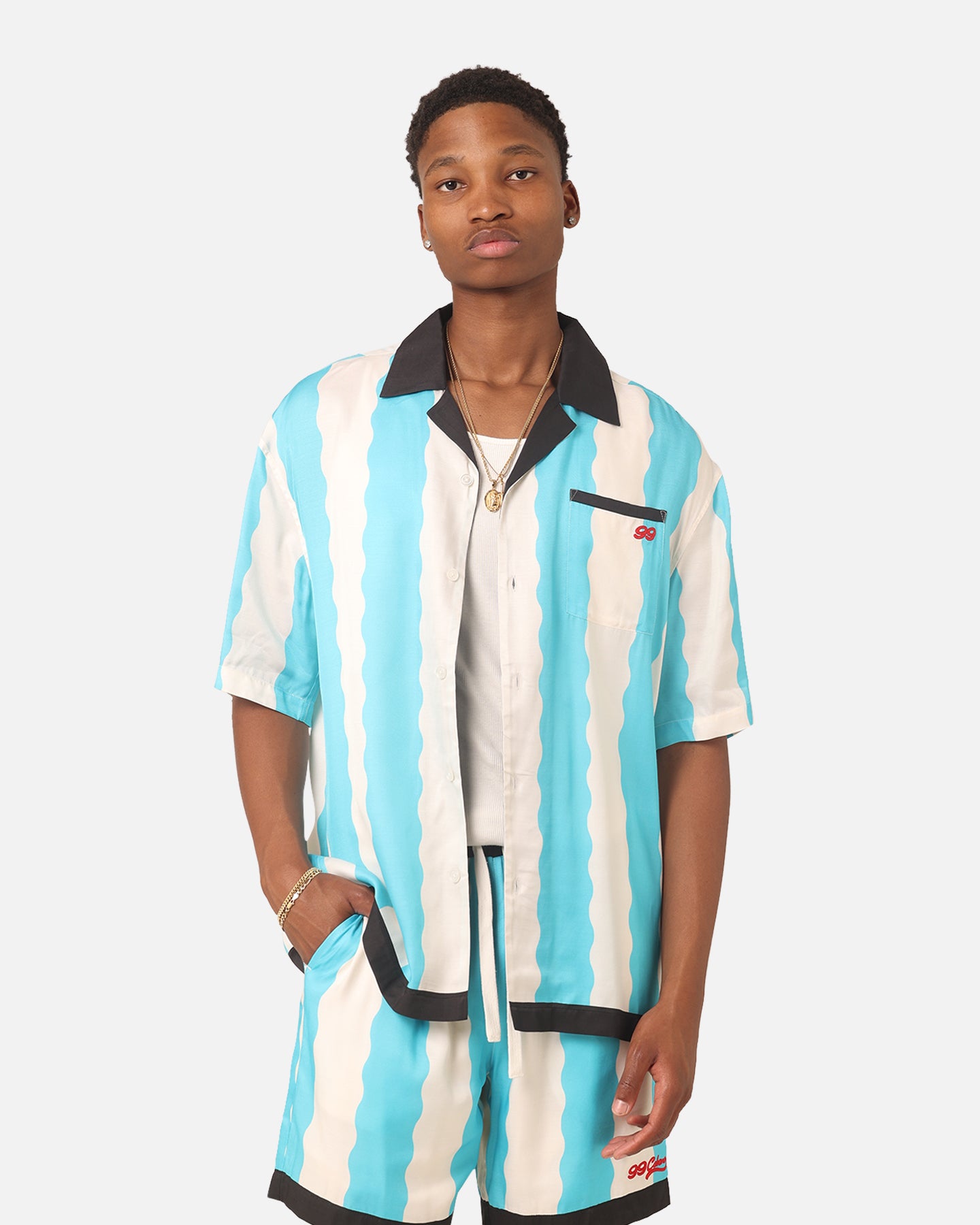 99 Cabana Bowling Short Sleeve Button Up Shirt for Men - Light Blue & Off White Hawaiian Style Casual Shirt - Perfect for Beach, Vacation, and Summer Outings