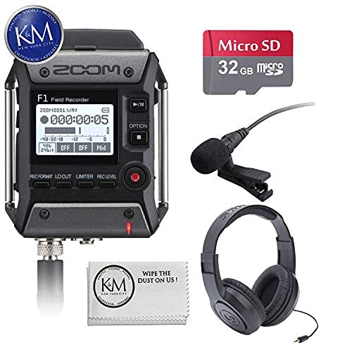 Zoom F1 Field Recorder Kit with Lavalier Mic, 32GB SD Card, Headphones & K&M Cloth - Professional Portable Audio Recording for Interviews, Vlogging & Content Creation