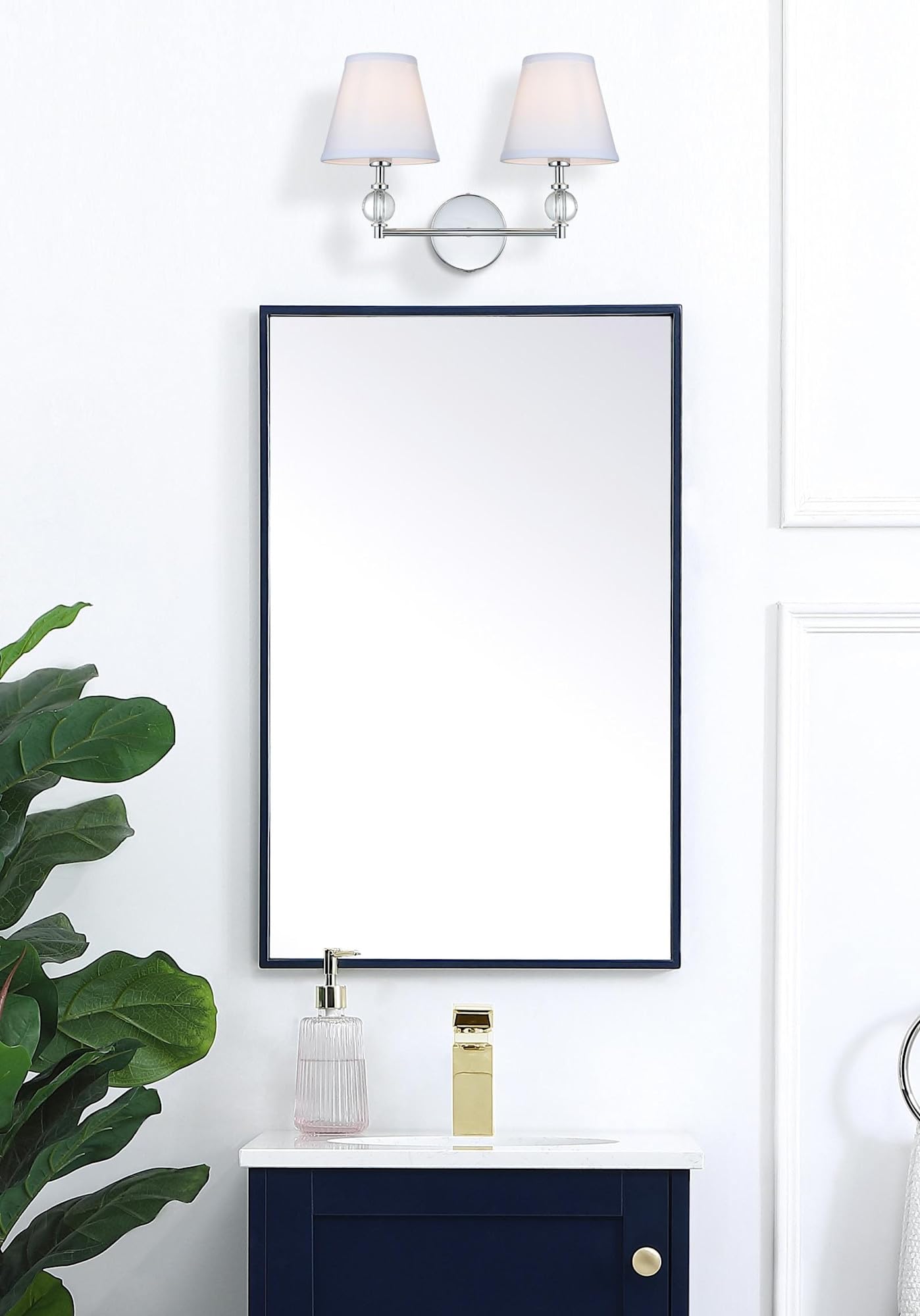 Living District Bethany 2-Light Brass Bathroom Wall Sconce with White Fabric Shade - Perfect for Bathroom Vanity, Powder Room, and Bedroom Lighting