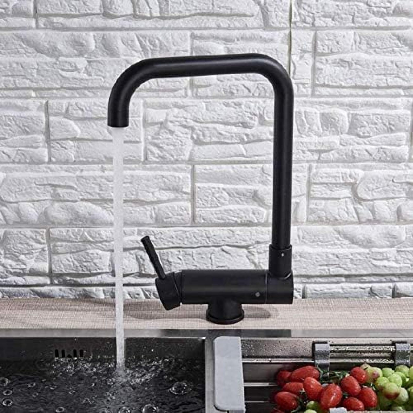 CRJUS 360 Degree Rotating Kitchen Faucet - Black Deck Mount Sink Tap with Hot & Cold Water Mixer - Folding Design for Inner Window & Laundry Sink - Perfect for Modern Kitchens & Small Spaces