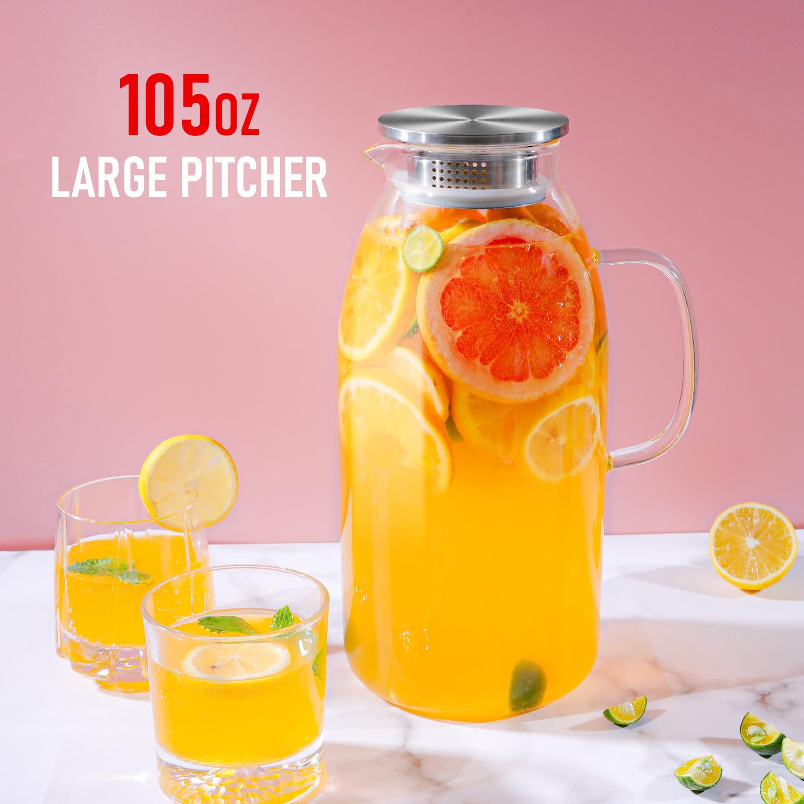Veecom 105 Oz Large Glass Pitcher with Lid - BPA-Free Water Pitcher with Handle for Iced Tea, Lemonade & Juice - Perfect for Parties, Refrigerator Storage & Entertaining - Durable Drink Dispenser for Home, Office & Outdoor Gatherings