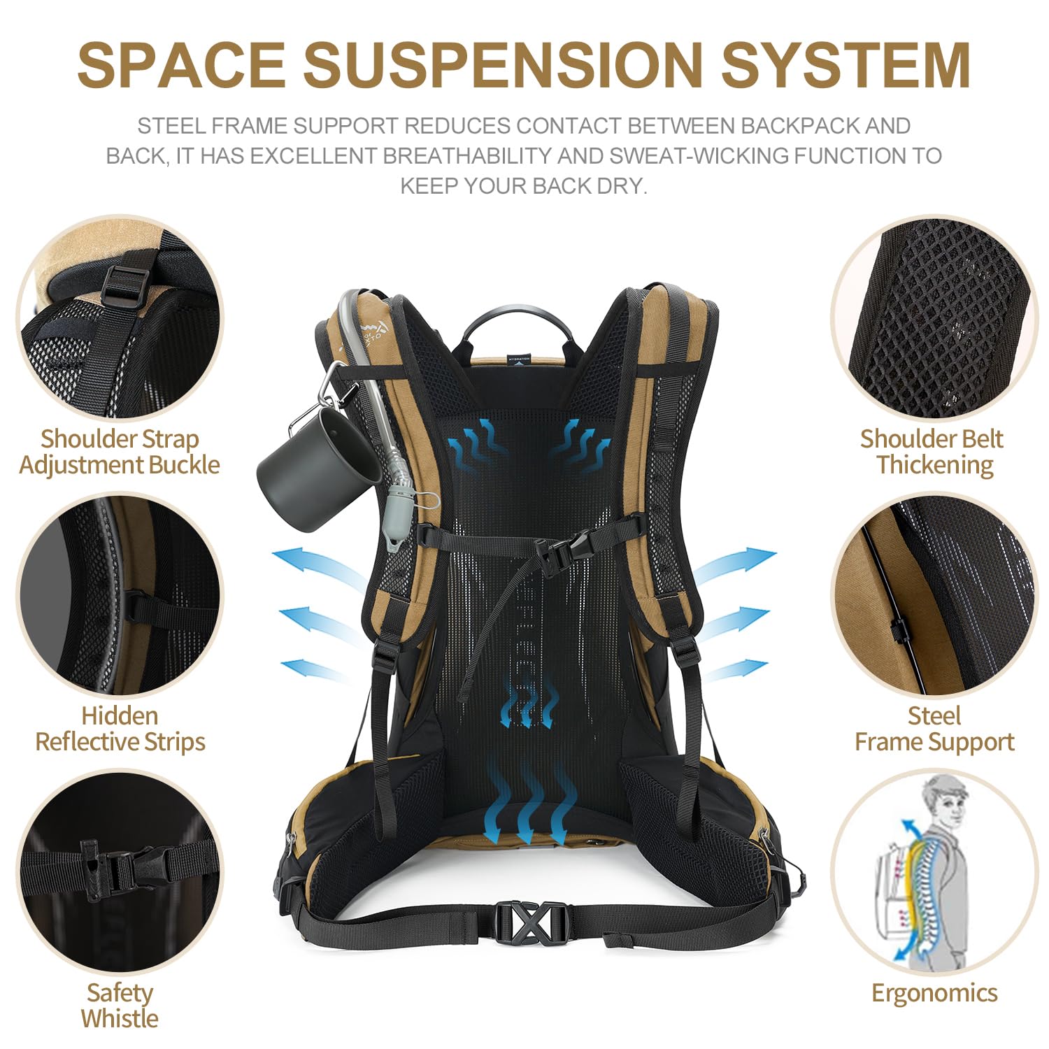 35L Waterproof Hiking Backpack with 3L Hydration Bladder & Rain Cover - Lightweight Daypack for Camping, Trekking & Outdoor Adventures - Perfect for Men & Women Travelers (Khaki)