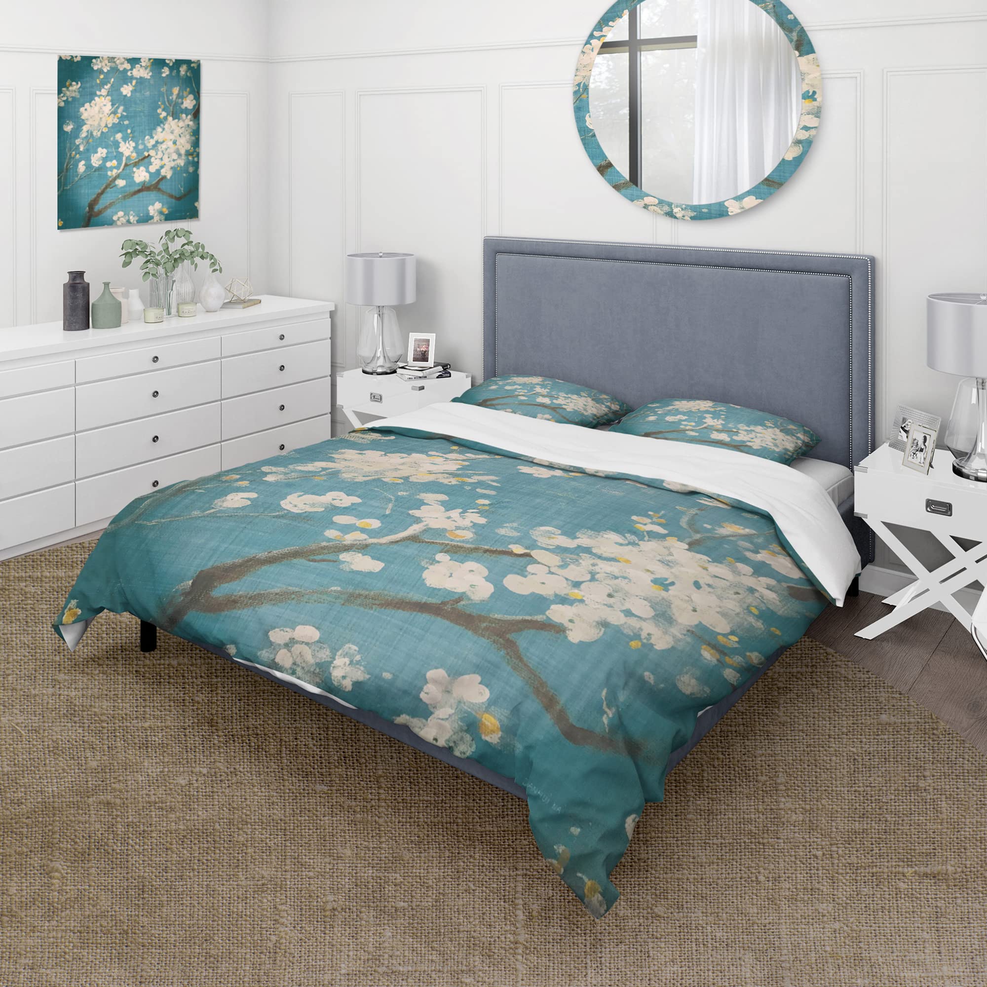 DesignQ Blue Cherry Blossoms II Cabin & Lodge Duvet Cover Set - Queen Size Floral Bedding (3-Piece) for All Seasons | Perfect for Rustic Bedrooms, Guest Rooms & Cozy Cabins