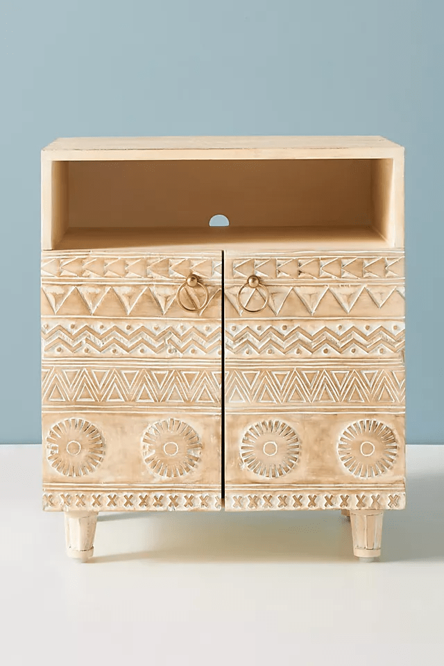 Hand Carved Antique Nightstand - Solid Wood Bedside Table | Handmade Wooden Lamp Stand from Delhi | Perfect for Bedroom Decor & Boho Home Style