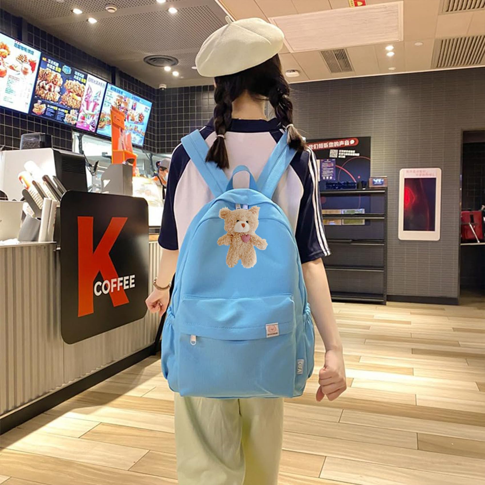 Cute Aesthetic Bear Backpack - Kawaii Simple Solid Color Laptop Bag with Bear Pendant for Women & Teens | School, College, Travel & Work Commute Accessories