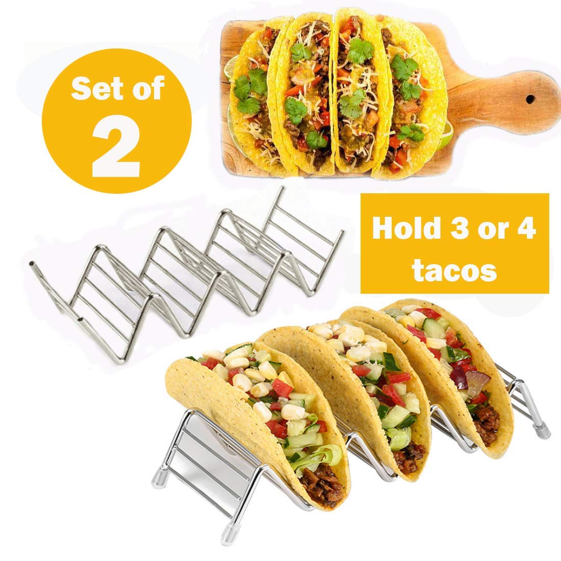 Premium Stainless Steel Taco Shell Stand Holder - Oven & Dishwasher Safe Taco Rack for 3 Tacos - Keep Shells Neat & Upright - Perfect for Taco Tuesday, Mexican Dinner Parties & Family Gatherings