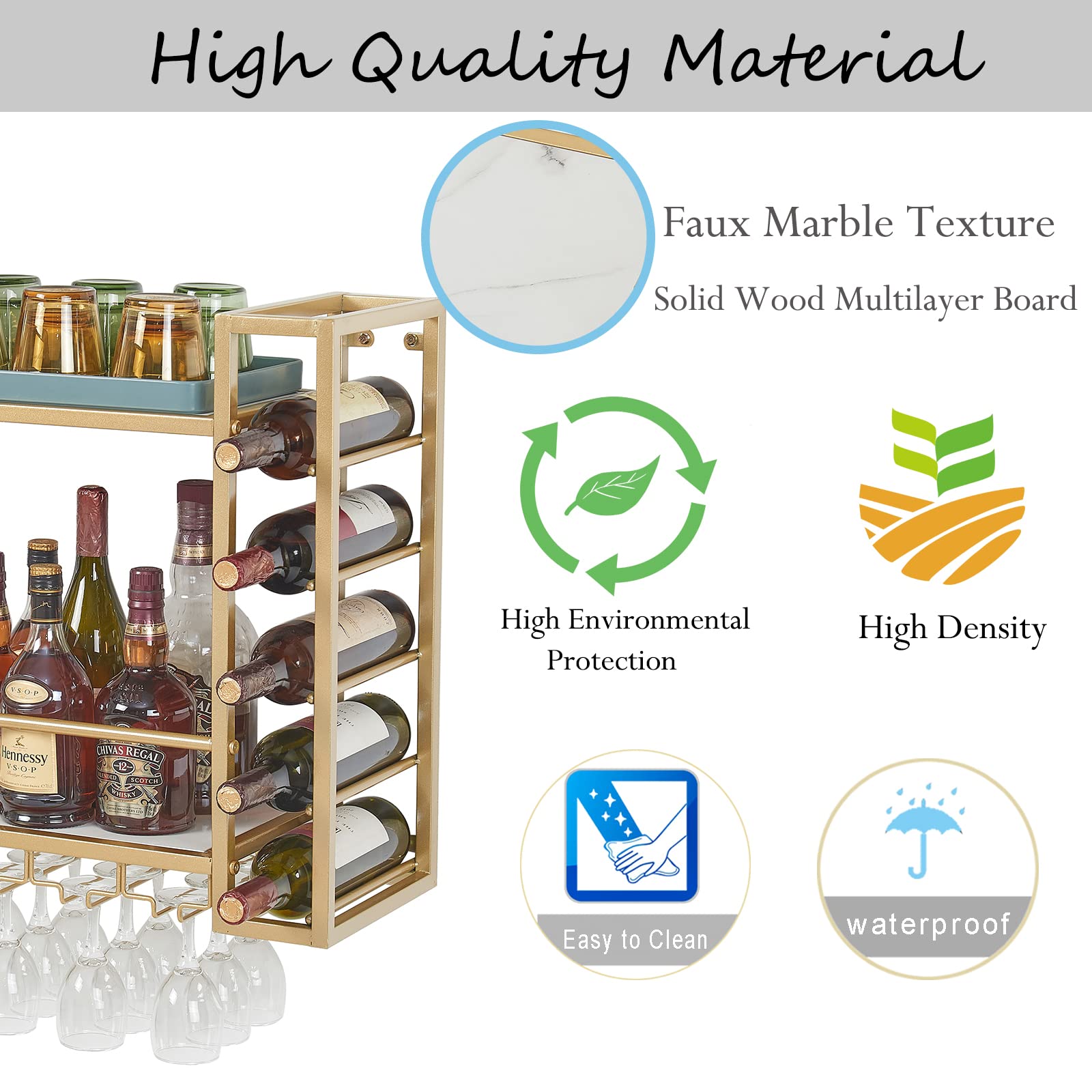 31.5 Inch Gold Wall Mounted Wine Rack with Glass Holder - Metal Bottle Storage Display Shelf for Home Bar, Dining Room & Kitchen - Perfect for Wine Enthusiasts and Entertaining Guests