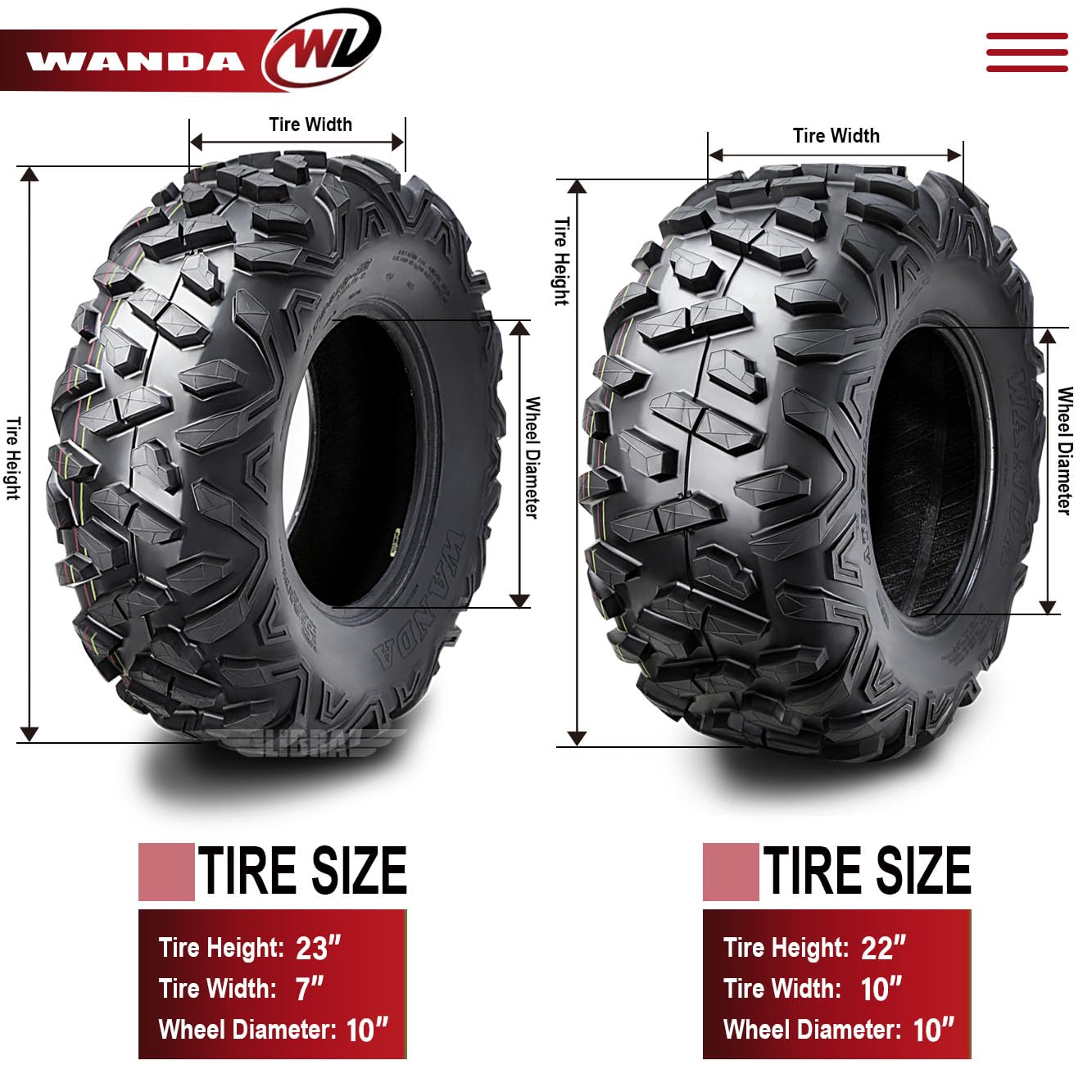 WANDA Set of 4 ATV Tires 23x7-10 Front & 22x10-10 Rear - Big Horn Style All-Terrain Tires for Off-Road Trail Riding, Mudding & Hunting Adventures