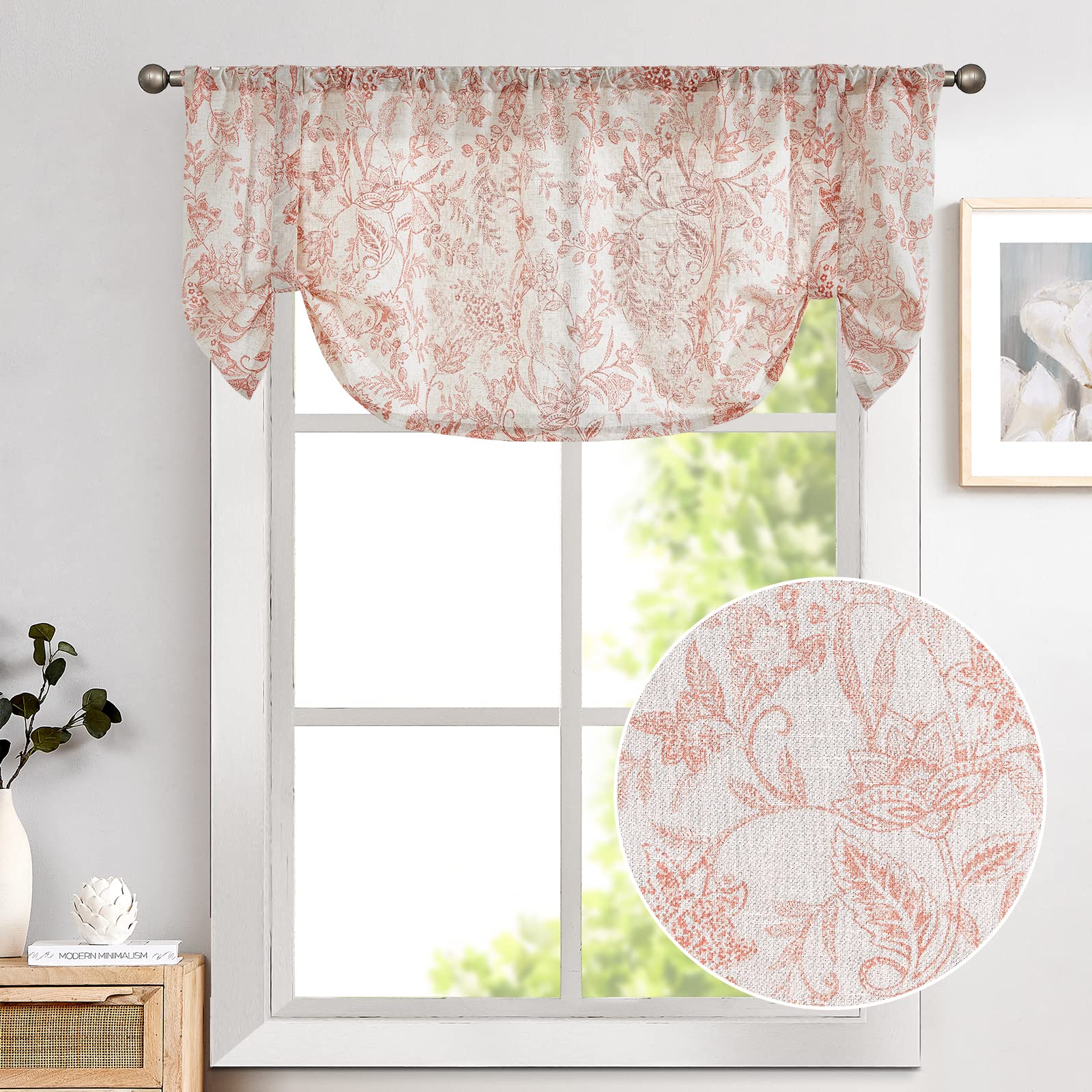 Linen Floral Farmhouse Valance Curtains - 18 Inch Rod Pocket Kitchen & Cafe Window Treatments - Rustic Country Valances for Living Room, Bathroom, Small Cafe (Beige) - Perfect for Farmhouse Decor & Cozy Home Styling