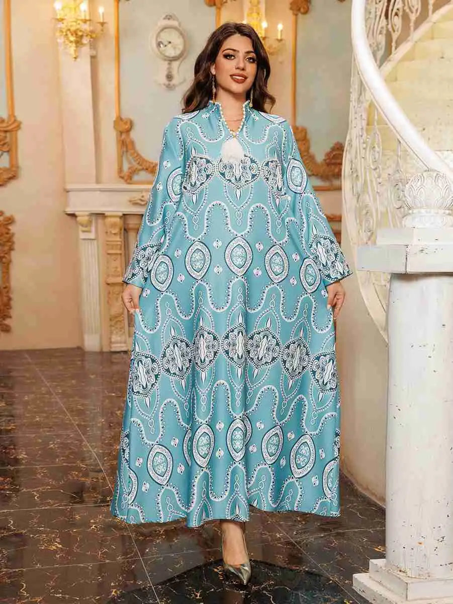 Elegant Eid Printed Arab Women's Caftan Dress - Long Sleeve Flowy Kaftan for Special Occasions & Holiday Celebrations