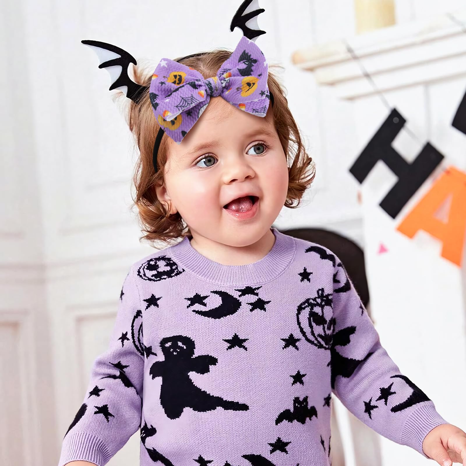 Halloween Baby Headbands with Bows - Pumpkin & Ghost Print for Girls - Party & Photo Props