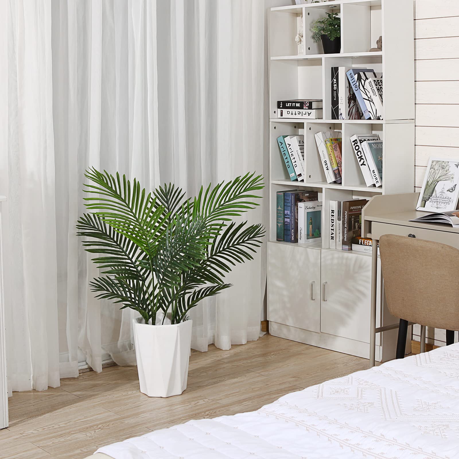 3.6 Ft Artificial Areca Palm Tree with 10 Trunks - Tropical Faux Dypsis Lutescens in Woven Seagrass Basket & Black Pot - Perfect for Home, Office, Indoor & Outdoor Decor - Great for Living Room, Patio, Balcony or Commercial Spaces