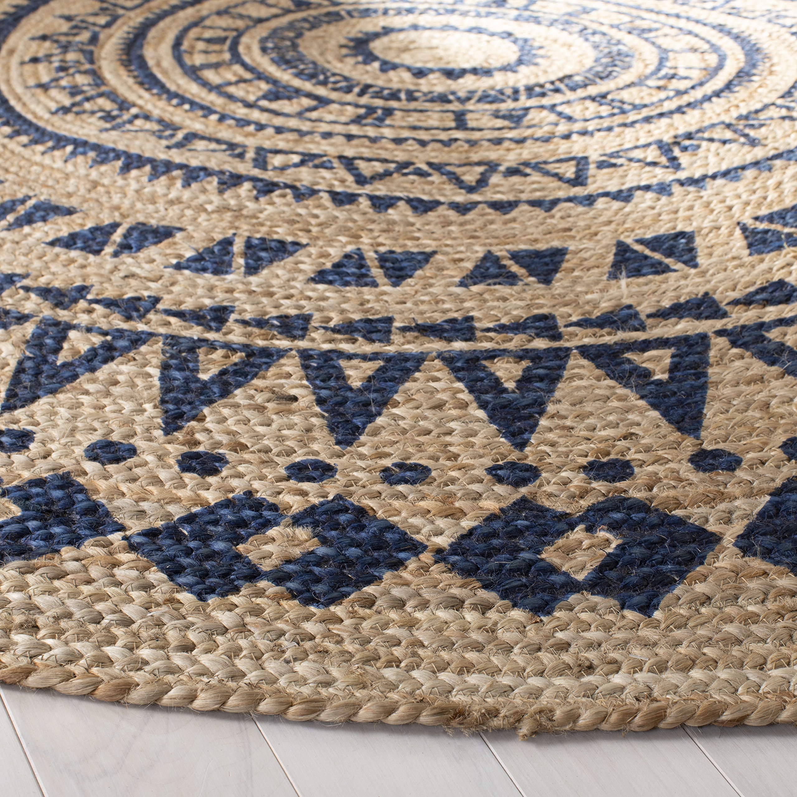 SAFAVIEH Handmade Boho Mandala Braided Jute Area Rug - 8' Round Royal Blue Natural Fiber Rug for Living Room, Bedroom & Boho Decor (NF802D)