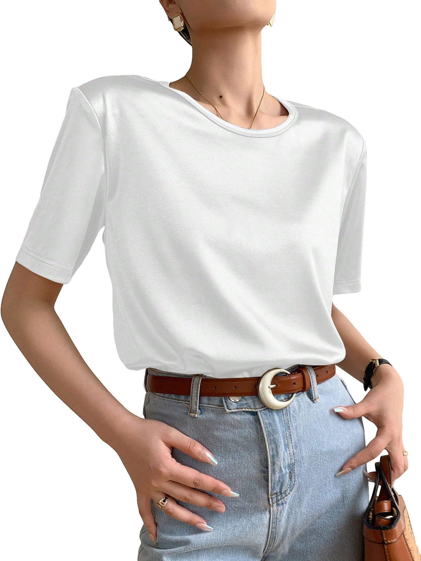 COZYEASE Women's Metallic Crewneck Short Sleeve T-Shirt - Casual Party Top for Women | Perfect for Night Out, Club Wear & Summer Fashion