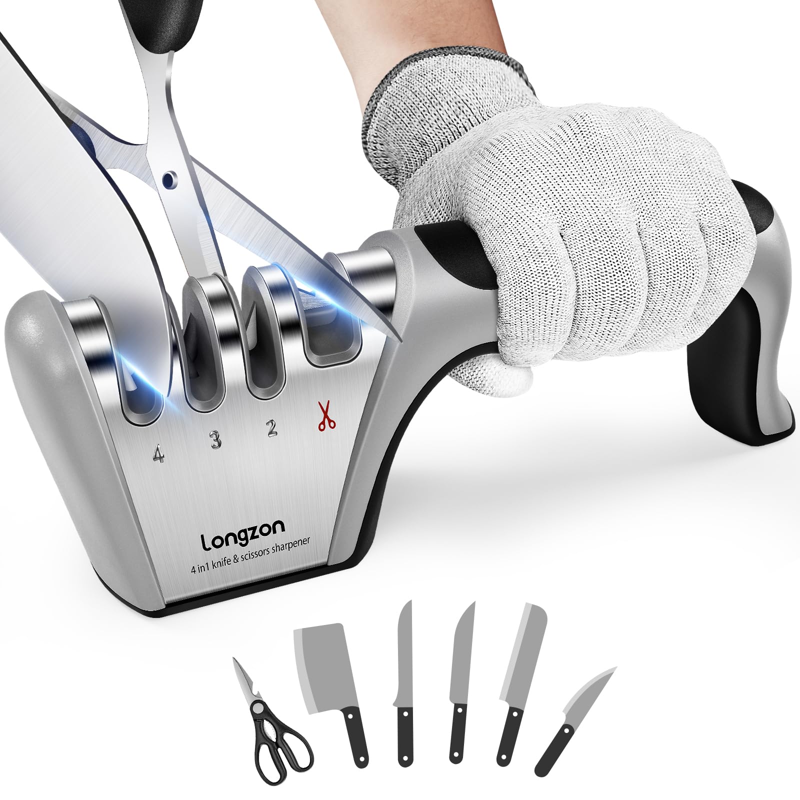 4-in-1 Multi-Stage Knife Sharpener Kit with Cut-Resistant Gloves - Professional Blade Sharpening Tool for Kitchen Knives, Scissors & Fruit Knives | Perfect for Home Chefs & DIY Enthusiasts | Ideal for Kitchen, Camping & Outdoor Cooking