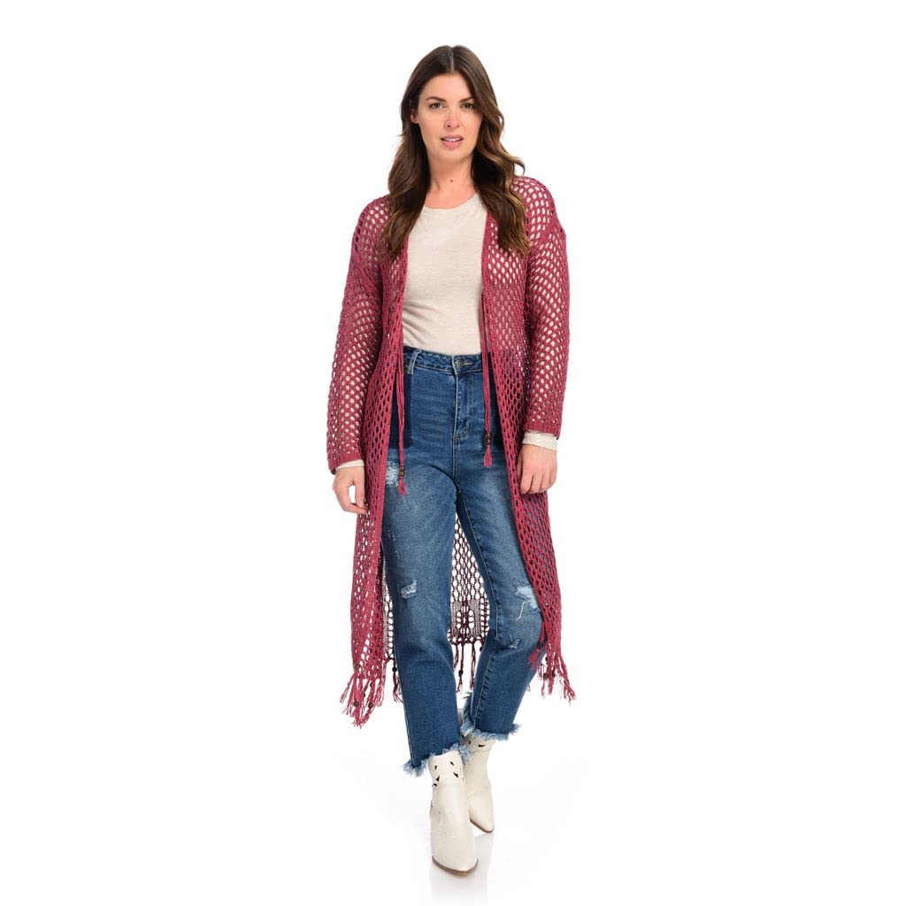 Indigo Thread Co. Women's Crochet Long Sleeve Open Front Fringed Duster Cardigan - Rose Pink XS | Boho Chic Lace Cover-Up for Beach, Festival & Casual Outfits