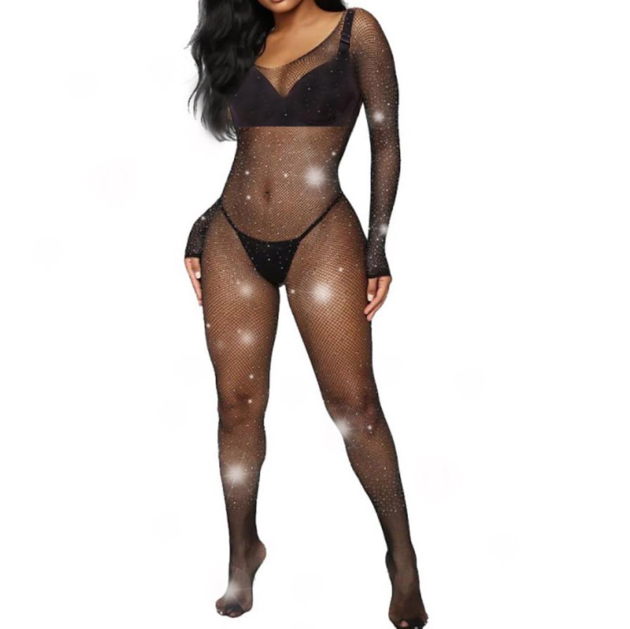 Sexy Rhinestone Fishnet Bodysuit for Women - Sparkling Spider Mesh One Piece Body Stocking | Perfect for Nightclub, Halloween & Boudoir Photography