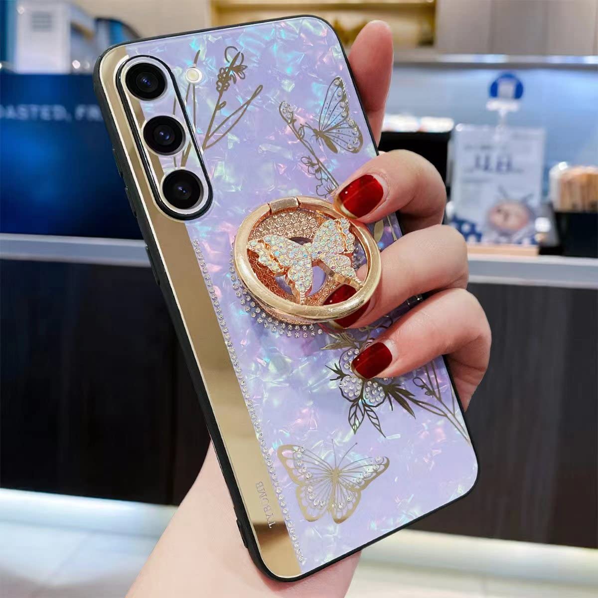 Topwin Galaxy S22 Case with Kickstand & Ring Holder - Marble Floral Butterfly Design, Shockproof Protective Cover for Samsung Galaxy S22 (Purple) | Perfect for Women & Girls - Office, Travel, Daily Use