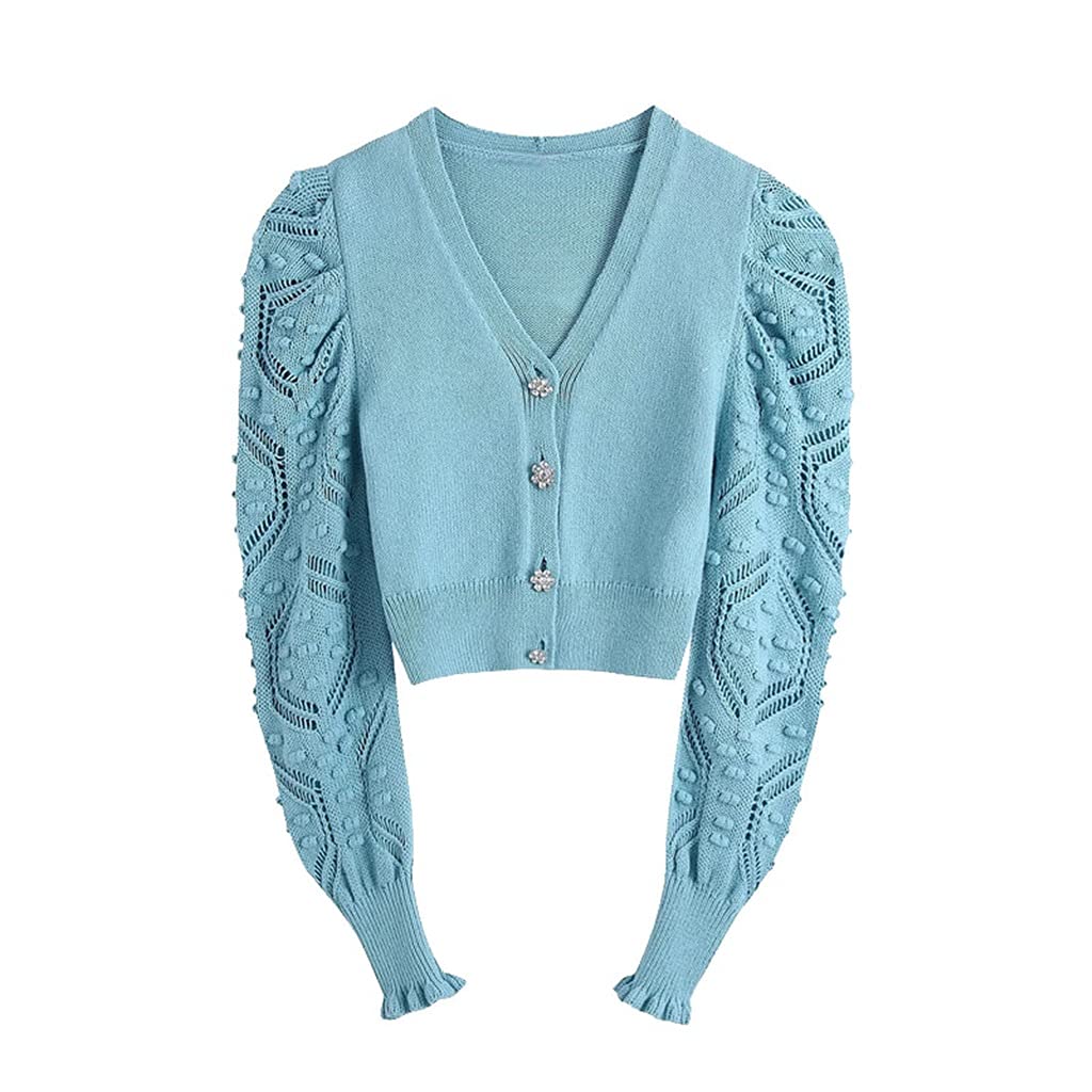 Vintage Women's Cropped Knitted Cardigan Sweater with Pompoms - Long Sleeve Chic Outerwear Top for Fall & Winter (Color: A, Size: L) | Perfect for Casual Outfits, Office Wear and Date Nights