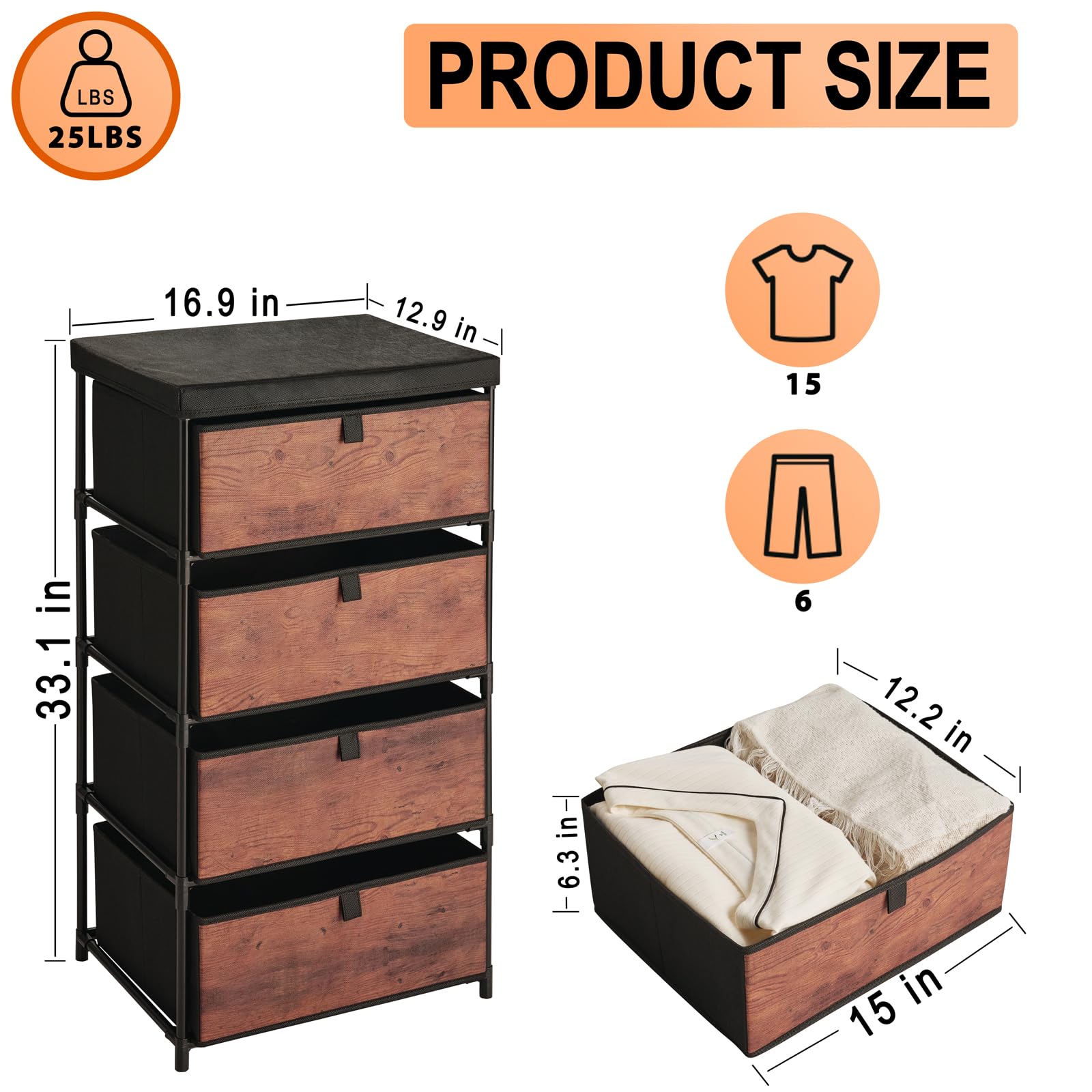 4-Drawer Fabric Storage Dresser - Small Clothes Organizer for Bedroom, Closet, Living Room & Dorm | Space-Saving Chest of Drawers in Tiger Wood Finish | Perfect for Apartment, Nursery & College Dorm Organization